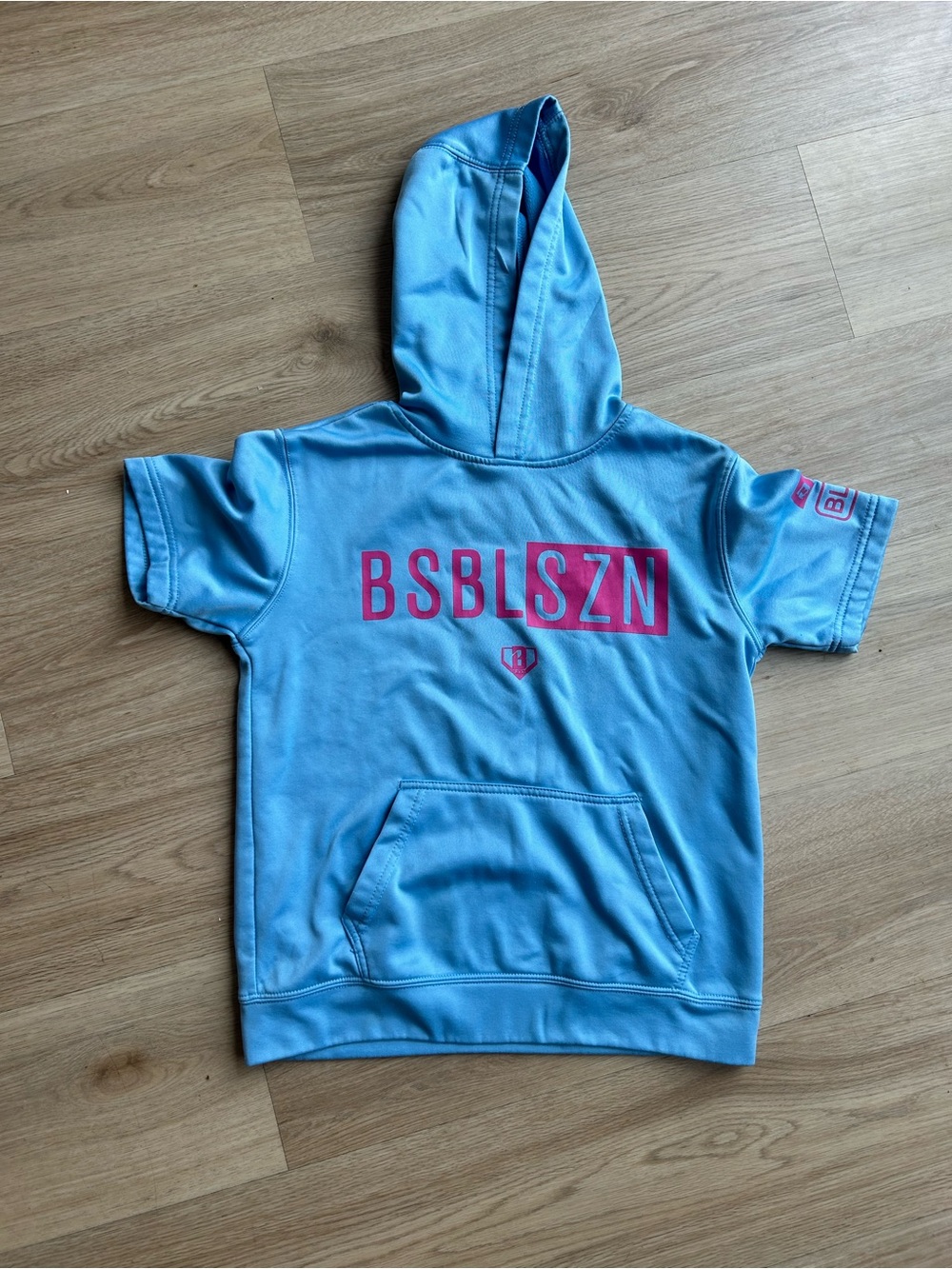 B1 Baseball Season Blue Hooded Short-Sleeve Pullover with Pink Logo
